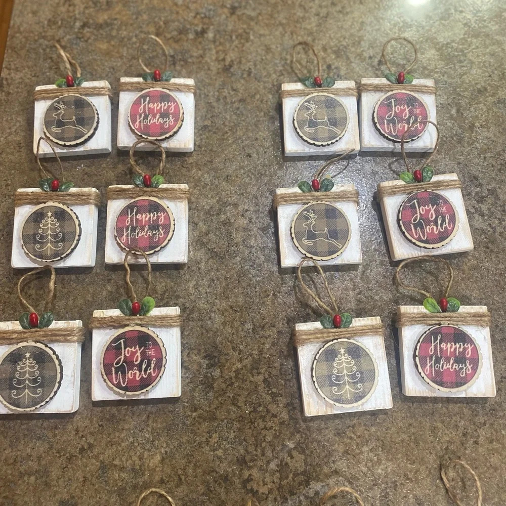 Farmhouse Christmas Ornament Rustic Country set of 12 Buffalo plaid handcrafted
